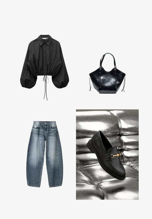 Blouse noire à boutons avec manches bouffantes surdimensionnées, une poche poitrine unique et taille cintrée avec cordon ajustable.; Jean large en denim bleu clair avec décoloration, présentant un design à cinq poches, un bouton de fermeture et des détails de couture minimaux.; Mocassin en cuir noir avec un détail en métal doré. La chaussure présente un design épuré et une texture lisse et brillante.; Sac à main en cuir noir brillant avec deux poignées, sangles à boucle à l'avant, et tirettes de fermeture éclair de chaque côté.