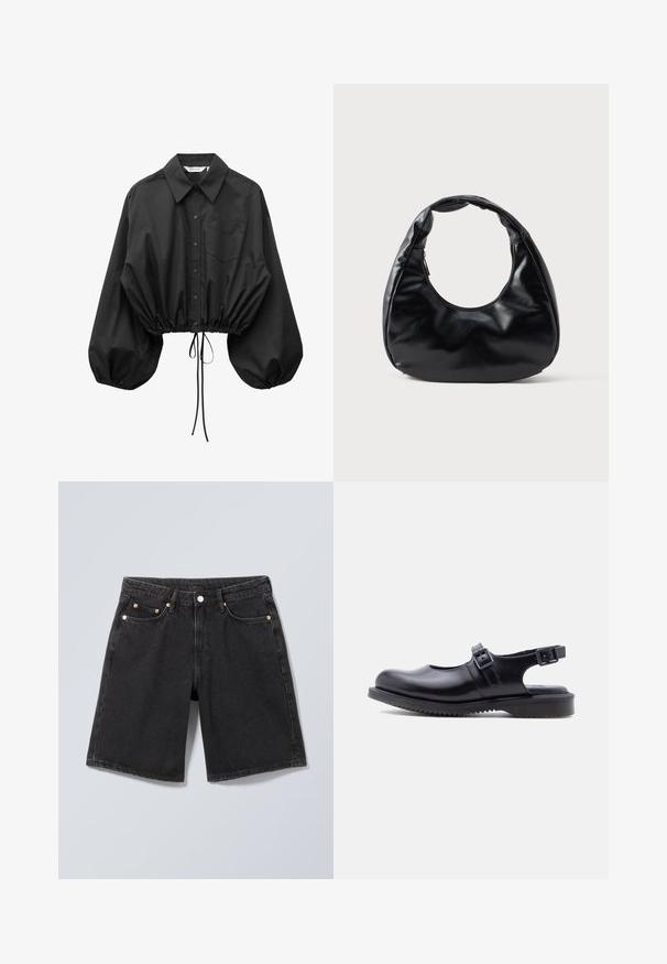 Blouse noire à boutons avec manches bouffantes surdimensionnées, une poche poitrine unique et taille cintrée avec cordon ajustable.; Short en denim noir avec bouton à l'avant, passants pour ceinture et design à cinq poches, présenté sur un fond gris neutre.; Chaussure style Mary Jane en cuir noir avec deux brides ajustables à boucle et une semelle épaisse en caoutchouc rainurée.; Sac à main en simili cuir noir avec une forme de croissant unique, une large poignée rembourrée et une fermeture éclair. Texture lisse et brillante, design minimaliste.