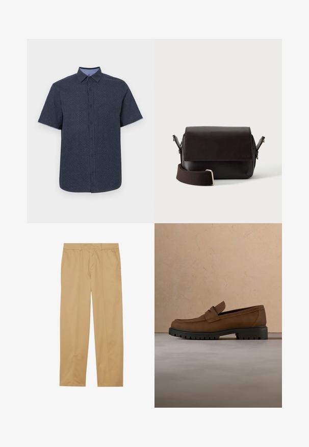 Kurzarmhemd aus dunkelblauem Stoff mit einem dezenten geometrischen Muster, ausgestattet mit einem Button-Down-Kragen und einer kontrastierenden hellblauen Knopfleiste.; Khakihosen aus glattem Stoff, mit geradem Bein, zwei vorderen Taschen und klaren, minimalen Nähdetails.; Dunkelbrauner Lederloafer mit dicker schwarzer Gummisohle, dargestellt über beigem Teppich und Sofa-Hintergrund.; Dunkelbraune Leder-Umhängetasche mit Klappenverschluss und verstellbarem Stoffriemen auf weißem Hintergrund.