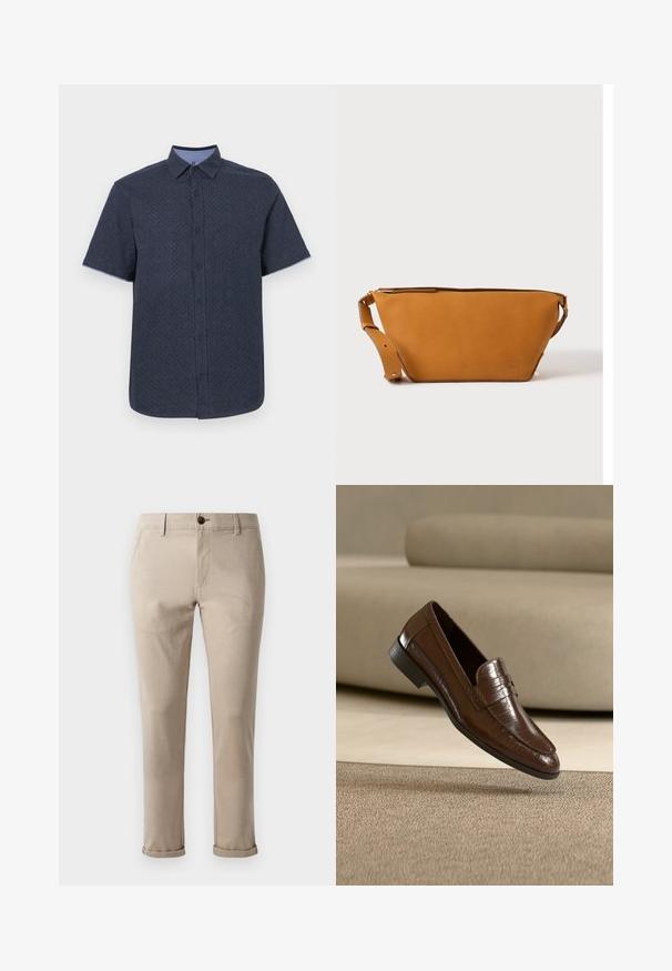 Krátky rukáv košele v tmavomodrom materiáli s jemným geometrickým vzorom, s golierom na gombíky a kontrastným svetlomodrým pásikom.; Jack & Jones JPSTMARCO FURY NOOS - Nohavice chinos - atmosphere; Hnedá kožená mokasína s textúrovaným vzorom plávajúca nad béžovým koberecom s pozadím zodpovedajúcej béžovej pohovky.; Svetlohnedá kožená crossbody taška s nastaviteľným popruhom a zipsovým uzáverom, zobrazená na jednoduchom svetlom pozadí.
