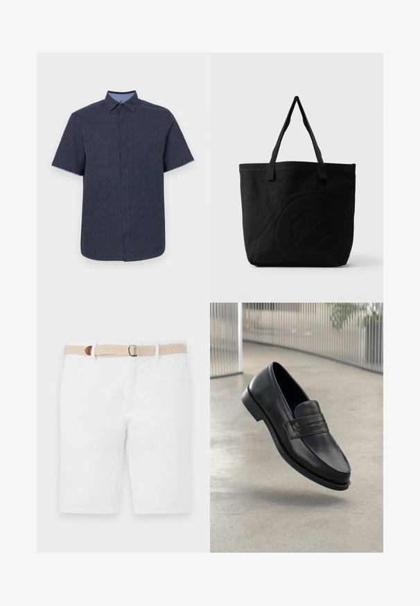 Kurzarmhemd aus dunkelblauem Stoff mit einem dezenten geometrischen Muster, ausgestattet mit einem Button-Down-Kragen und einer kontrastierenden hellblauen Knopfleiste.; Weiße Baumwollshorts mit einem gewebten beigen Gürtel mit braunen Akzenten. Die Shorts haben ein sauberes Design und eine glatte Textur.; Schwarzer Lederloafer mit glatter Textur, spitzer Zehe und einem dekorativen Riemen über dem Rist. Leichte Sohle, minimalistisches Design.; Schwarze Canvas-Shopper-Tasche mit zwei Schulterriemen und einem dezenten, eingeprägten kreisförmigen Design auf der Vorderseite.