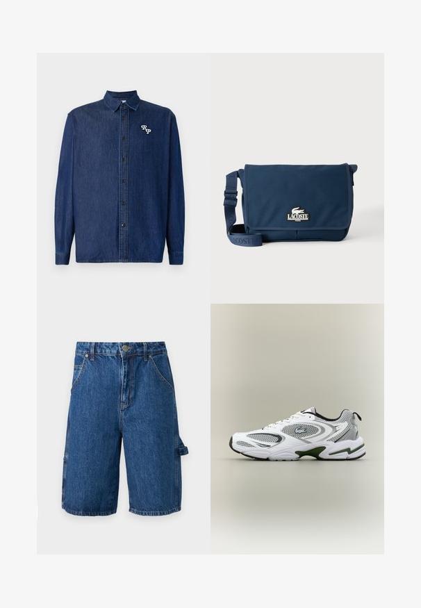 Camisa de denim azul oscuro con cierre de botones en la parte delantera, mangas largas y cuello puntiagudo. Presenta un logo "RP" bordado en blanco.; Shorts de denim en un color azul medio, con una cintura alta, dos bolsillos frontales y un bolsillo lateral con una correa. Textura suave, diseño casual.; Zapatilla deportiva de running en blanco y gris, con paneles de malla, acentos verdes, detalles en negro y un logo en el costado, vista desde el lado exterior.; Bolso bandolera Lacoste azul marino con correa ajustable y parche con logotipo en la solapa frontal, sobre un fondo claro y liso.