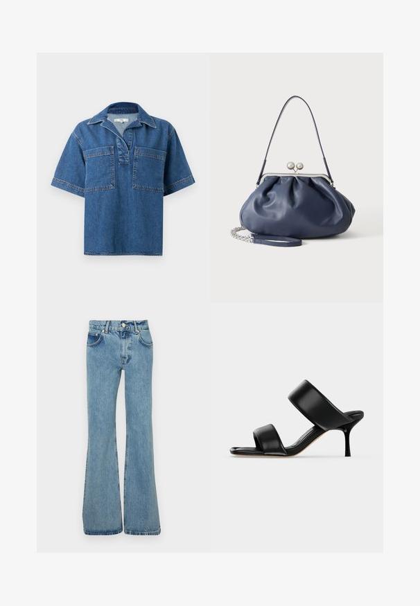 Chemise en denim à manches courtes de couleur bleu moyen, avec un col, deux poches avant et des coutures contrastées. Coupe décontractée et ourlet arrondi.; Jean flare bleu clair en denim, doté d'une taille haute, de poches avant et d'ourlets effilochés pour une coupe décontractée.; Sandale mule en cuir noir avec deux larges brides et un talon stiletto fin de hauteur moyenne sur un fond clair uni.; Sac à main en cuir bleu marine doux avec fermeture à boucle argentée, une seule bandoulière, et une chaîne de poignet amovible sur fond blanc.