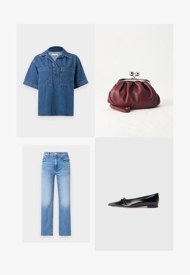Chemise en denim à manches courtes de couleur bleu moyen, avec un col, deux poches avant et des coutures contrastées. Coupe décontractée et ourlet arrondi.; Jean en denim bleu taille haute, coupe droite, avec poches avant, passants pour ceinture, bouton, et détails délavés sur les cuisses et les genoux.; Chaussure plate en cuir verni noir avec un bout pointu, une petite lanière décorative et un petit talon carré. Texture lisse et design épuré.; Petit sac pochette en cuir bordeaux avec fermoir métallique argenté et bracelet sur fond blanc.
