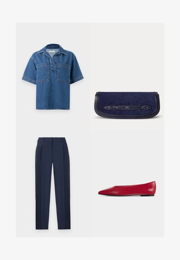 Chemise en denim à manches courtes de couleur bleu moyen, avec un col, deux poches avant et des coutures contrastées. Coupe décontractée et ourlet arrondi.; Pantalons sur mesure bleu marine avec plis sur le devant, passants pour ceinture et jambes droites, présentés sur un fond blanc.; Chaussure plate en cuir rouge à bout pointu, semelle noire et petit talon, vue de profil sur un fond clair uni.; Pochette bleu marine avec garniture en cuir et coutures blanches, avec logo Polo by Ralph Lauren sur le détail de la poignée avant.