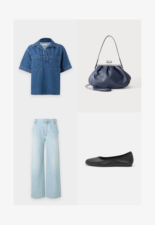 Chemise en denim à manches courtes de couleur bleu moyen, avec un col, deux poches avant et des coutures contrastées. Coupe décontractée et ourlet arrondi.; Jeans large en denim bleu clair. Caractéristiques : taille haute, design à cinq poches et décoloration subtile avec un ourlet propre.; Ballerines en cuir noir avec un bout rond, texture lisse, détails de couture minimalistes et design de semelle flexible.; Sac à main en cuir bleu marine doux avec fermeture à boucle argentée, une seule bandoulière, et une chaîne de poignet amovible sur fond blanc.