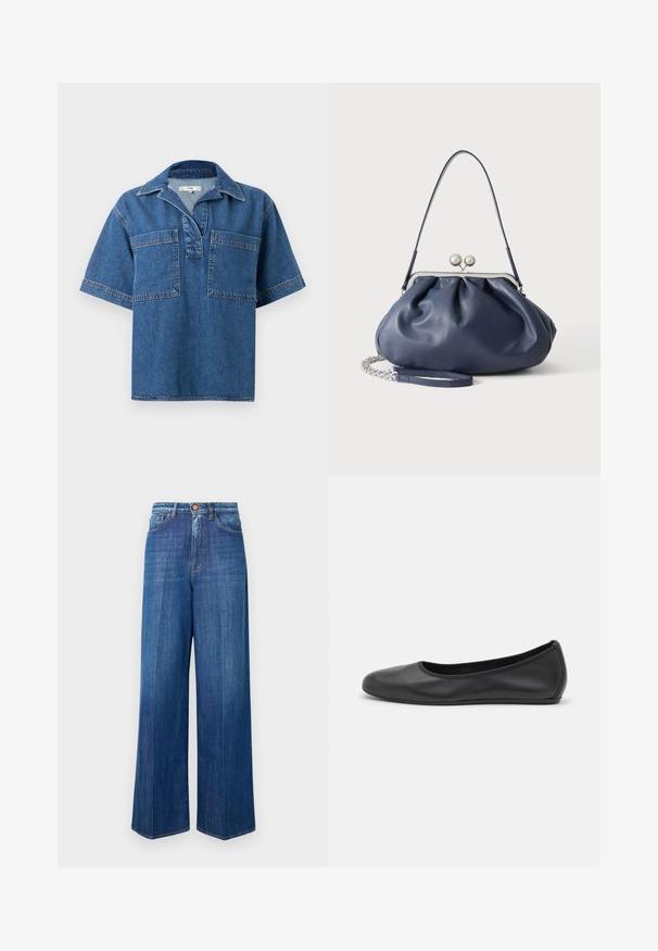 Chemise en denim à manches courtes de couleur bleu moyen, avec un col, deux poches avant et des coutures contrastées. Coupe décontractée et ourlet arrondi.; Jeans en denim à jambes larges de couleur bleu foncé, avec une taille haute, une fermeture à bouton et une couture classique. Texture lisse avec un léger délavage.; Ballerines en cuir noir avec un bout rond, texture lisse, détails de couture minimalistes et design de semelle flexible.; Sac à main en cuir bleu marine doux avec fermeture à boucle argentée, une seule bandoulière, et une chaîne de poignet amovible sur fond blanc.