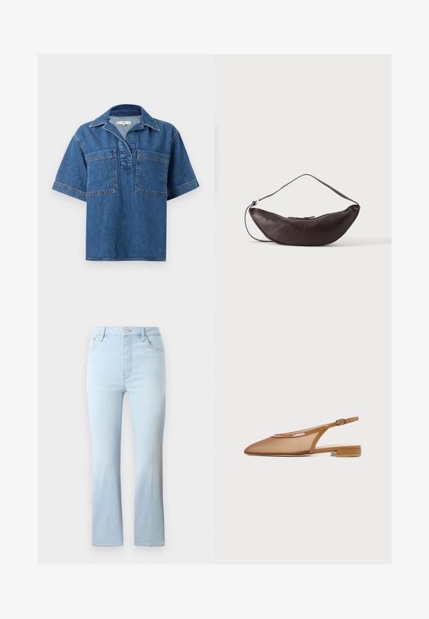 Chemise en denim à manches courtes de couleur bleu moyen, avec un col, deux poches avant et des coutures contrastées. Coupe décontractée et ourlet arrondi.; FRAME THE REBOOT CROP - Jean bootcut - light blue; Chaussure plate à bride arrière marron avec bout pointu, fine bride avec boucle et petit talon bloc sur fond blanc.; Sac d'épaule en cuir marron foncé en forme de croissant avec une lanière courbée et des coutures visibles sur fond uni.