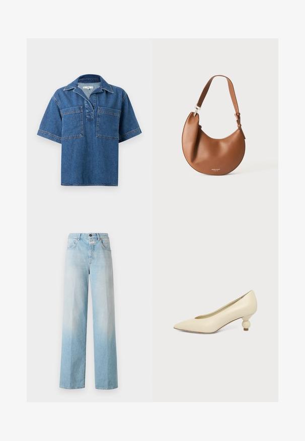 Chemise en denim à manches courtes de couleur bleu moyen, avec un col, deux poches avant et des coutures contrastées. Coupe décontractée et ourlet arrondi.; Jean large en denim bleu clair avec un dégradé usé, featuring un design classique à cinq poches et une fermeture à bouton en métal.; Chaussure femme couleur crème à bout pointu avec un petit talon rond en forme de boule, sur fond uni.; Sac d'épaule en cuir marron en forme de croissant avec une bandoulière réglable et un petit texte logo argenté en bas au centre.