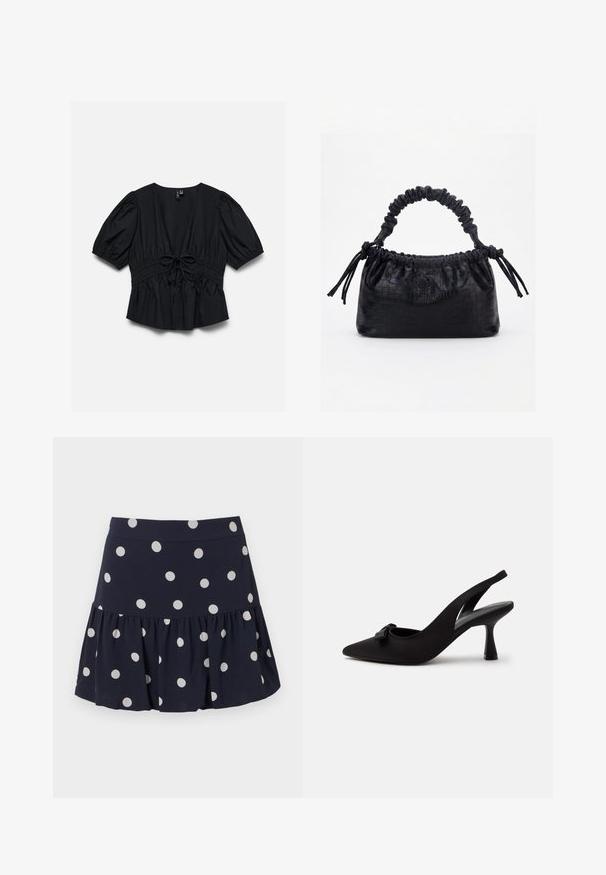 Blouse noire manches courtes avec col en V profond, manches bouffantes, taille élastique et détail nœud noué au centre devant.; Jupe patineuse bleu marine en tissu léger avec un ourlet évasé. Elle présente de grands pois blancs et une taille élastique.; Chaussure à talon haut slingback noire à bout pointu avec un petit nœud sur le devant et un talon fin, présentée sur un fond blanc.; Sac à main noir avec texture crocodile, bord supérieur froncé, poignée plissée et pompons à cordon de chaque côté sur fond blanc.