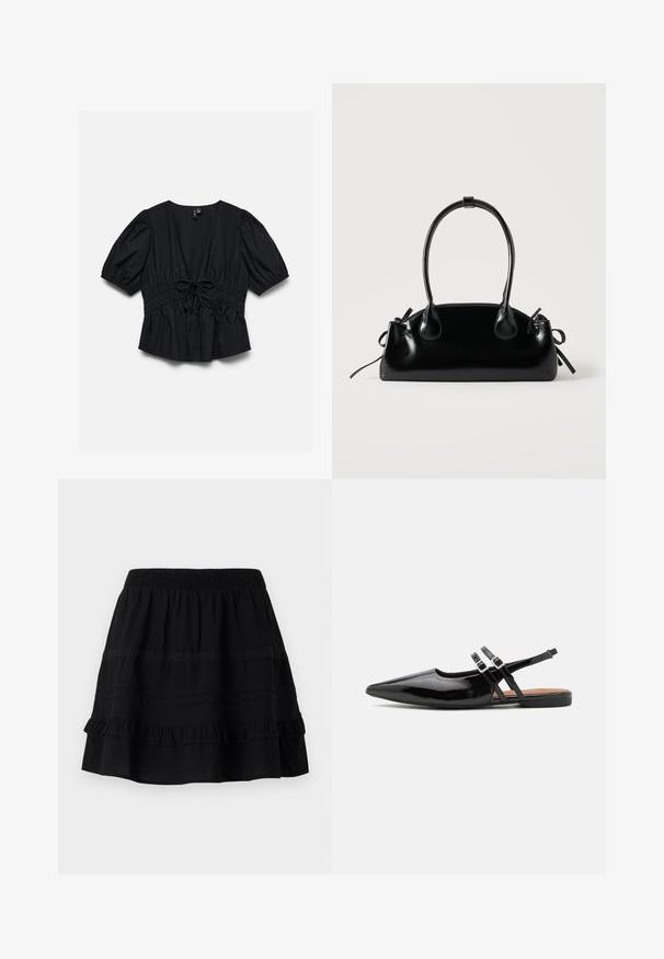 Blouse noire manches courtes avec col en V profond, manches bouffantes, taille élastique et détail nœud noué au centre devant.; Jupe en coton noir avec un design à volants superposés, dotée d'une taille élastique et d'ornements en couture contrastée et en bandes de dentelle.; Des chaussures slingbacks en cuir verni noir présentent un bout pointu, deux sangles avec des accents de boucle, et une semelle plate.; Petit sac à main noir brillant avec deux longues anses et des détails à cordon sur les côtés sur un fond clair uni.