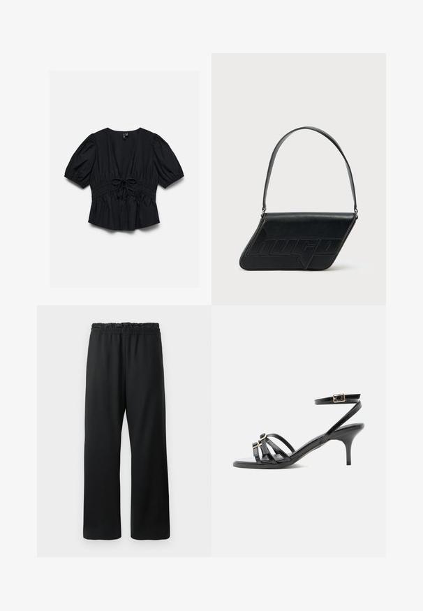 Blouse noire manches courtes avec col en V profond, manches bouffantes, taille élastique et détail nœud noué au centre devant.; Pantalons noirs avec une coupe large, taille élastique avec cordon de serrage et tissu lisse et léger. Comprend des poches latérales.; Sandale noire en cuir à brides, talon kitten, bout carré, deux boucles devant et bride de cheville avec fermeture à boucle dorée.; Sac d'épaule en cuir noir de forme triangulaire, avec un logo embossé et une seule bandoulière réglable. Design minimaliste avec une texture lisse.