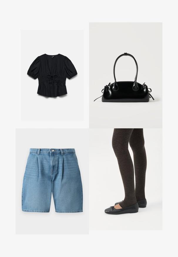 Blouse noire manches courtes avec col en V profond, manches bouffantes, taille élastique et détail nœud noué au centre devant.; Shorts en denim bleu clair avec des plis avant, une fermeture à bouton et une couture classique. Le tissu a une texture lisse et une coupe droite.; Jambes portant des leggings côtelés foncés associés à des ballerines noires avec de petits détails en nœud sur fond blanc.; Petit sac à main noir brillant avec deux longues anses et des détails à cordon sur les côtés sur un fond clair uni.
