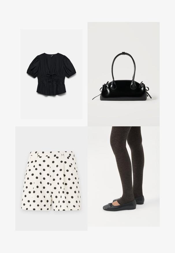 Sort bluse med korte ærmer, dyb V-halsudskæring, puffede ærmer, elastisk talje og bundet sløjfedetalje foran i midten.; Hvide shorts lavet af hør med et sort prikmønster. Har plisseringer og sidelommer. Tætsiddende talje med en ren finish.; Ben iført mørke ribbede leggings kombineret med sorte balletsko med små sløjfedetaljer på hvid baggrund.; Lille sort blank håndtaske med to lange håndtag og snøre-detaljer i siden på en ensfarvet lys baggrund.