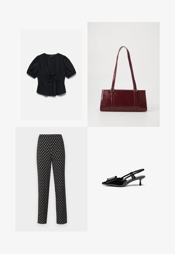 Schwarze Kurzarmbluse mit tiefem V-Ausschnitt, Puffärmeln, elastischer Taille und vorne mittig gebundener Schleife.; Schwarze gerade geschnittene Hose mit weißen Polka-Dots, elastischem Bund und ohne sichtbare Taschen oder Verschlüsse, vor einem einfarbigen Hintergrund dargestellt.; Schwarze Lackleder-Slingbacks mit spitzer Zehenpartie, einer Schleifendetail an der Vorderseite und einem kleinen Stiletto-Absatz. Die Riemen haben verstellbare Schnallen.; Burgunderfarbene Handtasche aus glänzendem Material, rechteckige Form, mit zwei Schulterriemen und subtilen, geschwungenen Akzenten an der Vorderseite.