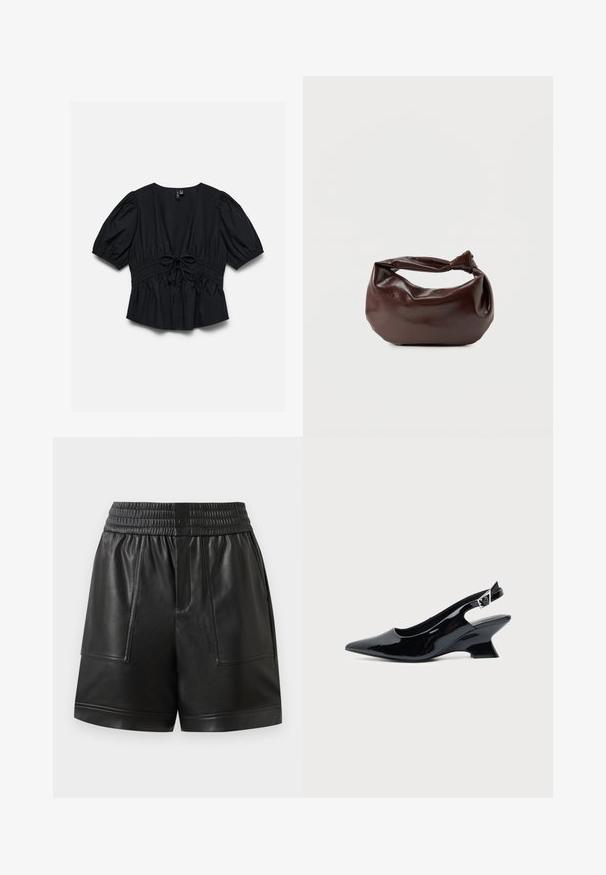 Blouse noire manches courtes avec col en V profond, manches bouffantes, taille élastique et détail nœud noué au centre devant.; Shorts en simili cuir noir avec taille élastique, bouton-pression à l'avant, grandes poches plaquées devant et ourlet droit.; Chaussure slingback en cuir verni noir avec bout pointu et petit talon bloc incliné sur fond clair uni.; Sac bandoulière en cuir marron foncé avec une forme souple et décontractée et une anse nouée torsadée sur un fond blanc uni.