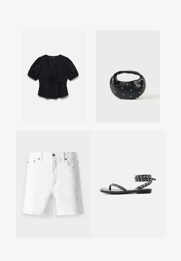 Blouse noire manches courtes avec col en V profond, manches bouffantes, taille élastique et détail nœud noué au centre devant.; Shorts en denim blanc au design classique, style à cinq poches, avec des accents de boutons en laiton et une finition en tissu légèrement texturée.; Sandale plate noire avec fines lanières, clous argentés et fermeture à boucle enveloppant la cheville, sur un fond clair uni.; Sac à main en cuir noir de forme arrondie, décoré de clous argentés et équipé d'une poignée courte. Texture lisse et fermeture éclair.
