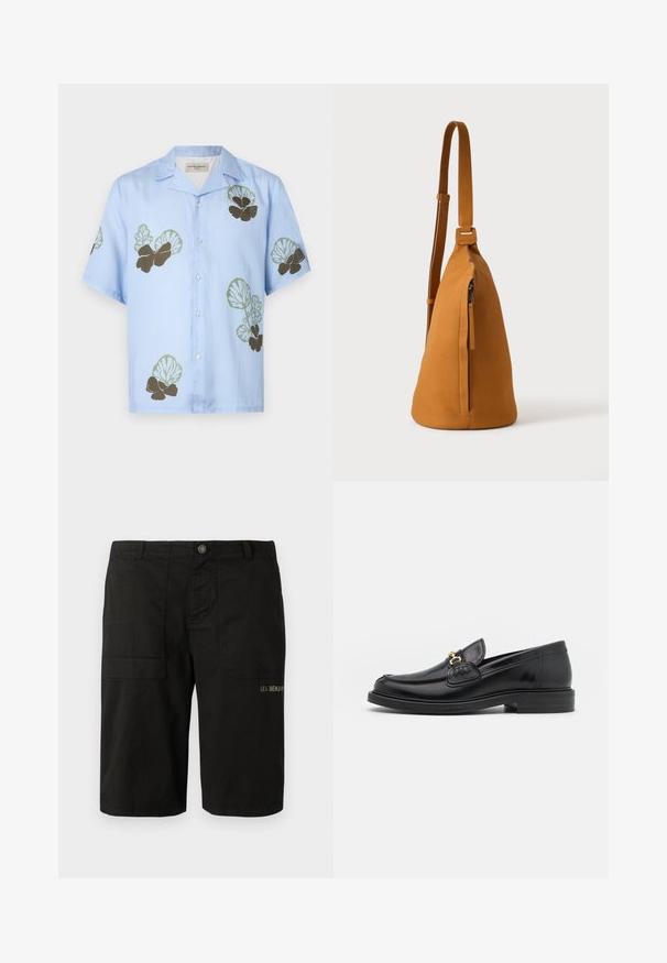 Camisa de manga corta en tela azul claro con patrones florales en verde y marrón oscuro. Cuello clásico con botones en la parte delantera.; Pantalones cortos de carga negros de algodón, con cierre de botón, dos bolsillos laterales y un sutil bordado de "LES BENJAMINS" en la parte frontal.; Mocasines de cuero negro con punta redondeada, que cuentan con un detalle de herrajes dorados y costuras, situados sobre una suela de goma texturizada y baja.; Bolso bandolera de piel color canela con correa ajustable y bolsillo vertical con cremallera, mostrado de lado sobre un fondo claro y liso.