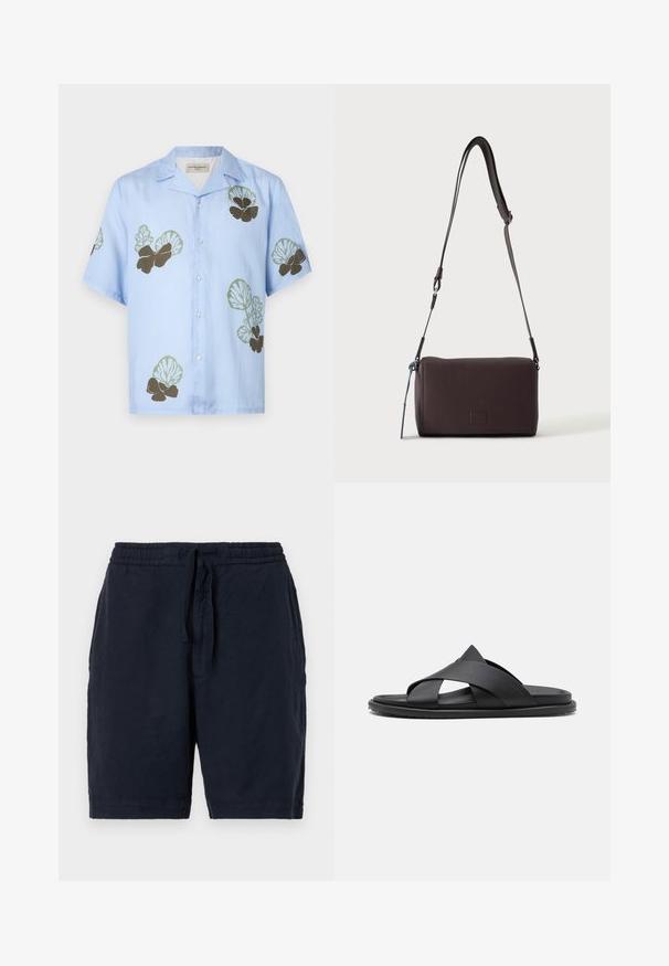 Camisa de manga corta en tela azul claro con patrones florales en verde y marrón oscuro. Cuello clásico con botones en la parte delantera.; Pantalones cortos de lino azul marino con cintura elástica y cordón, que presentan un ajuste relajado y una superficie ligeramente texturizada.; Stuart Weitzman BERKLEY - Sandalias planas - black; Bolso bandolera de cuero marrón oscuro con textura, correa ajustable y pequeño adorno decorativo azul en el lateral.