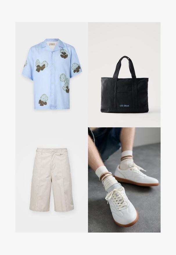 Camisa de manga corta en tela azul claro con patrones florales en verde y marrón oscuro. Cuello clásico con botones en la parte delantera.; Pantalones cortos de algodón beige con un corte recto, a la altura de la rodilla, que presentan dos bolsillos frontales y pliegues sutiles para añadir textura.; Zapatillas de cuero blanco con una textura suave, detalles en gamuza gris, suelas de goma beige y cordones planos. Combinadas con calcetines a rayas en tonos crema y marrón.; Bolsa tote de lona negra con dos asas, bolsillo frontal y "LES DEUX" bordado en azul en el bolsillo delantero.