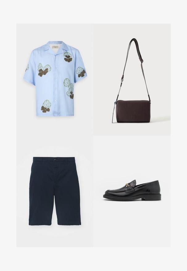 Camisa de manga corta en tela azul claro con patrones florales en verde y marrón oscuro. Cuello clásico con botones en la parte delantera.; Pantalones cortos azul marino de algodón con un frente plano, cierre de botón y bolsillos laterales. De longitud hasta la rodilla, con una textura suave y costuras limpias.; Mocasines de cuero negro con punta redondeada, que cuentan con un detalle de herrajes dorados y costuras, situados sobre una suela de goma texturizada y baja.; Bolso bandolera de cuero marrón oscuro con textura, correa ajustable y pequeño adorno decorativo azul en el lateral.