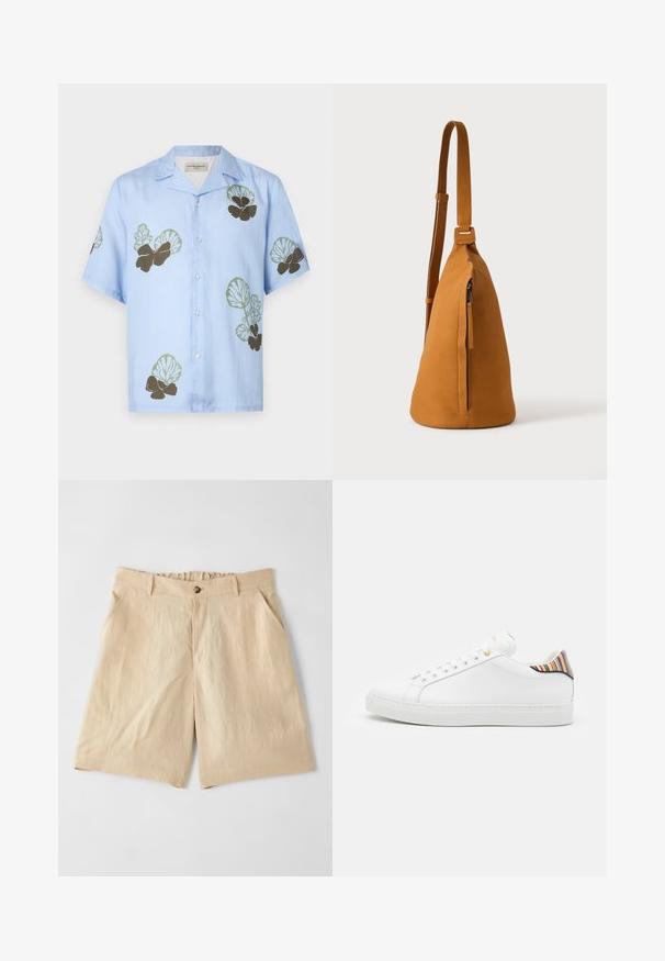Camisa de manga corta en tela azul claro con patrones florales en verde y marrón oscuro. Cuello clásico con botones en la parte delantera.; Paul Smith Shorts - sand; Zapatilla de cuero blanca con un acabado suave, que presenta un acento de rayas coloridas en el talón, ojal dorado y suela plana blanca.; Bolso bandolera de piel color canela con correa ajustable y bolsillo vertical con cremallera, mostrado de lado sobre un fondo claro y liso.