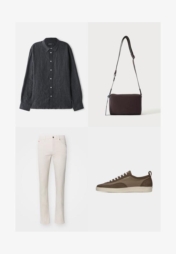 Mørkegrå linned skjorte med lange ærmer og knap-ned krave, med en frontplacket med hvide knapper og en afslappet pasform.; Beige lige ben jeans lavet af en blanding af bomuldsstof. Har traditionelt fem-lomme design og metal knaplukning ved taljen.; Lavprofileret brun sneaker med hvide snørebånd, beige sål, stof og ruskindsoverdel, side pull-tab og "Tiger of Sweden" logo i guldtekst.; Mørkebrun textured læder crossbody taske med justerbar rem og lille dekorativ blå accent på siden.