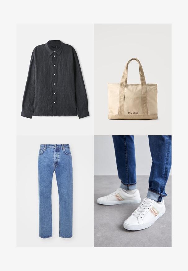 Chemise en lin gris foncé à manches longues avec col boutonné, dotée d'une patte de boutonnage sur le devant avec des boutons blancs et une coupe décontractée.; Won Hundred STEVE - Jean boyfriend - cut blue; Baskets en cuir blanc avec des rayures multicolores, design à lacets, semelle en caoutchouc et col rembourré, associées à un jean en denim bleu.; Sac cabas en toile beige avec deux anses et une poche avant, "LES DEUX" brodé sur la poche.