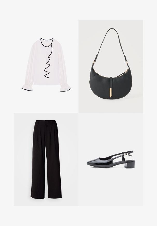 Blouse à manches longues en tissu rose clair, avec un volant noir le long de l'avant et des poignets avec des détails élastiques.; Pantalon large noir en tissu lisse, avec des plis à l'avant, une taille ajustée, et sans motifs ni accents visibles.; Chaussure slingback en cuir verni noir avec un bout pointu, des côtés découpés et un petit talon block. Équipée d'une bride de cheville avec une boucle.; Sac à main noir en forme de croissant avec une bandoulière unique, une fermeture éclair dorée et une languette décorative rectangulaire dorée à l'avant.