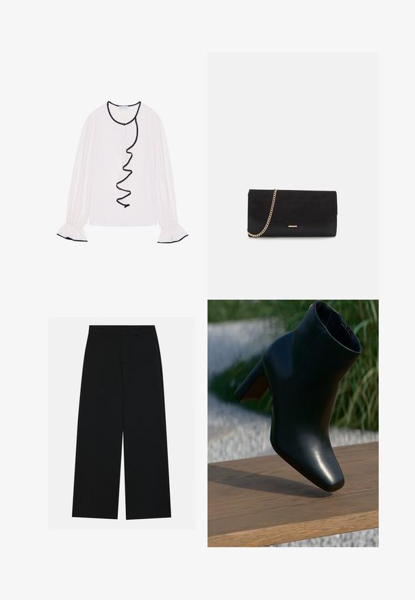 Blouse à manches longues en tissu rose clair, avec un volant noir le long de l'avant et des poignets avec des détails élastiques.; Pantalons noirs à jambe large en tissu lisse. Dotés d'une taille plate avec passants de ceinture et sans poches visibles. Design simple.; Bottines en cuir noir avec talon cubique, posées sur un banc en bois à l'extérieur, avec de l'herbe et des pierres blanches en arrière-plan.; Porte-monnaie noir en daim avec une finition texturée, doté d'une chaîne dorée et d'un design épuré et angulaire.