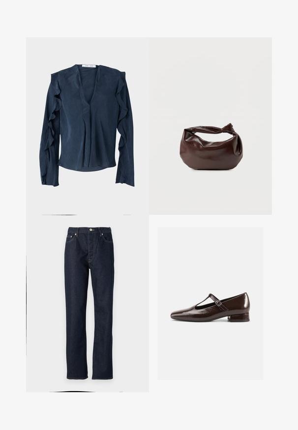 Chemisier bleu marine en tissu léger avec un décolleté en V profond, des manches longues avec des accents volantés et une coupe ample au niveau de l'ourlet.; Jean en denim bleu foncé avec une coupe droite, dotée d'une fermeture à bouton et à glissière, d'un design à cinq poches et de détails de surpiqûres contrastées.; Chaussures Mary Jane en cuir verni marron avec un bout arrondi, un design ajouré et une bride réglable. Talon bas bloc.; Sac bandoulière en cuir marron foncé avec une forme souple et décontractée et une anse nouée torsadée sur un fond blanc uni.