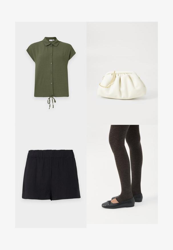 Olijfgroene blouse met korte mouwen, kraag, knopen aan de voorkant en een strikdetail aan de onderkant, gemaakt van een lichtgewicht, gestructureerde stof.; Zwarte korte broek van gestructureerde stof met een elastische tailleband en een losse, ontspannen pasvorm.; Benen met donkere geribbelde leggings gecombineerd met zwarte ballerina's met kleine strikdetails op een witte achtergrond.; Witte leren handtas met een geassembleerd ontwerp, voorzien van een gouden kettingband en een ronde vorm. Gladde textuur met zachte plooien en geen patronen.