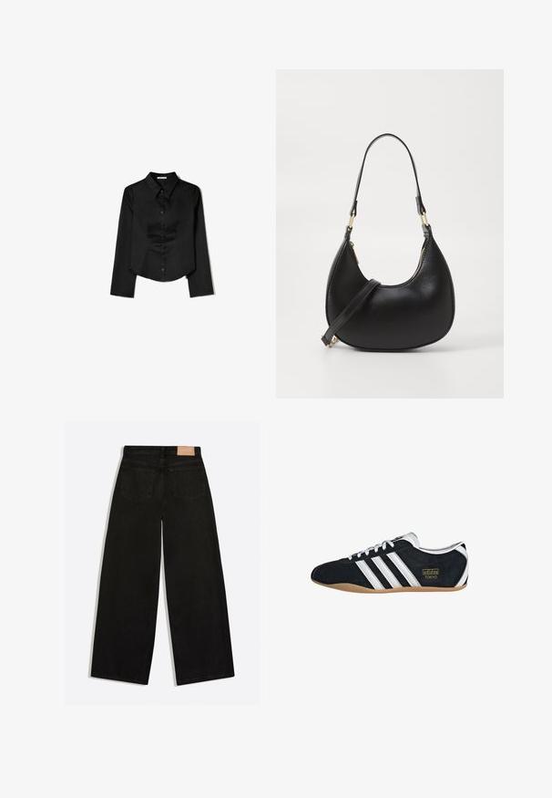 Chemise noire à manches longues en tissu lisse, avec un col pointu, une fermeture à boutons à l'avant et un ourlet court avec des fentes latérales.; Jean noir à jambes larges vu de dos, avec deux poches arrière et un patch de marque en cuir marron à la ceinture.; Sneakers en suede noir avec trois bandes blanches, logo doré et semelle en caoutchouc marron. Présente un design à lacets à profil bas.; Sac à main en cuir noir avec une forme courbée, doté d'une fermeture à glissière en haut, d'une courte poignée et d'une bandoulière amovible. Accent en métal doré.