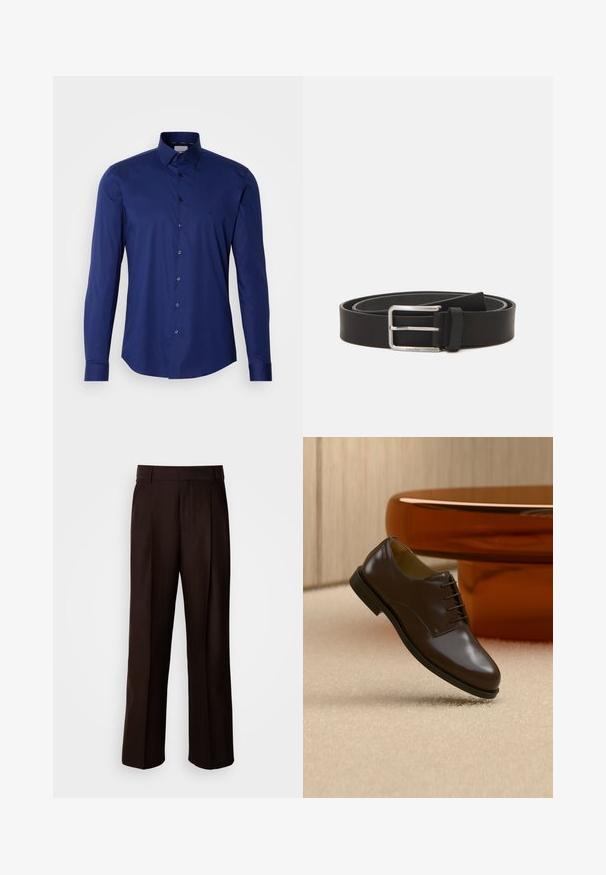 Camisa de manga larga azul marino hecha de algodón suave, con una botonera y un collar estructurado, con un sutil logo cerca del pecho.; Pantalones marrones ajustados con un diseño de pierna recta, que cuentan con un pliegue frontal, una textura suave y una cintura clásica. Adecuados para vestimenta formal.; Zapato de vestir marrón oscuro de cuero con cordones flotando sobre una alfombra beige, con una mesa redonda de color ámbar brillante en el fondo.; Cinturón de cuero negro con una hebilla de metal plateada, que presenta una textura suave y un diseño simple y clásico.