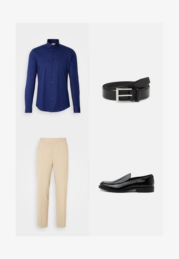 Navyblauwe lange mouwen shirt van soepel katoen, met een knoopsluiting en een gestructureerde kraag, en een subtiele logo nabij de borst.; Beige op maat gemaakte broek met een recht gesneden ontwerp, gemaakt van lichtgewicht stof, met twee voorzakken en nette, geplooide vouwen.; Zwarte glanzende leren instapschoenen met lage hak en afgeronde neus, zijaanzicht op een witte achtergrond.; Zwarte leren riem met een glanzende afwerking; voorzien van een zilveren metalen gesp met een rechthoekig frameontwerp en gladde randen.
