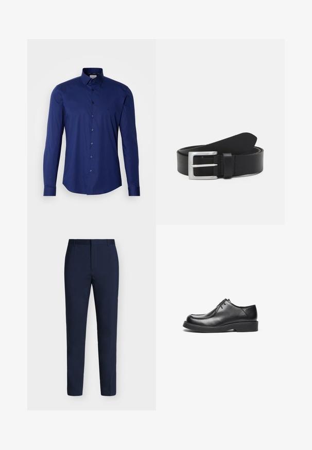 Camisa de manga larga azul marino hecha de algodón suave, con una botonera y un collar estructurado, con un sutil logo cerca del pecho.; Pantalones formales azul marino con presillas para cinturón, cremallera frontal oculta y piernas rectas y ajustadas sobre un fondo claro.; Zapatos de cuero negro con punta redonda, acentos de costura recta y suela de goma de perfil bajo. Diseño clásico y limpio, cierre con cordones.; Cinturón de cuero negro con una textura lisa, hebilla rectangular de plata y un lazo para el extremo. Presenta una costura ordenada a lo largo de los bordes.