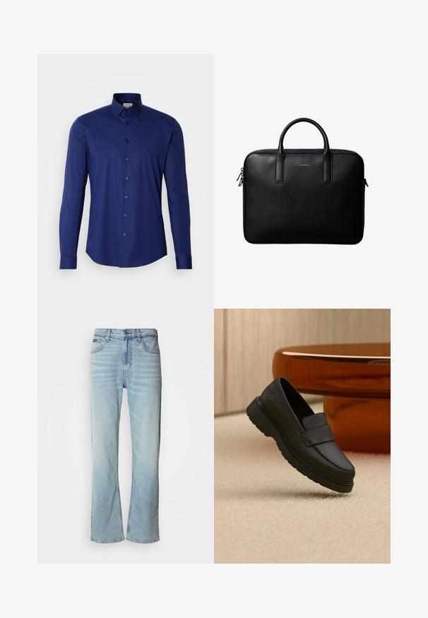 Camisa de manga larga azul marino hecha de algodón suave, con una botonera y un collar estructurado, con un sutil logo cerca del pecho.; Jeans de mezclilla azul claro con corte recto, que cuentan con cinco bolsillos, un cierre de botón y un ligero desvanecimiento en la tela.; Mocasín de cuero negro con suela gruesa flotando sobre una alfombra beige, con una mesa redonda marrón de fondo.; Maletín de cuero negro texturizado con doble asa y tiradores de cremallera plateados, centrado sobre fondo blanco.