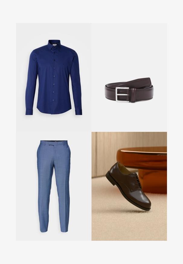 Camisa de manga larga azul marino hecha de algodón suave, con una botonera y un collar estructurado, con un sutil logo cerca del pecho.; Pantalones ajustados de color azul claro con una tela texturizada. Presentan un frente plano, piernas estrechas y una cremallera con cierre de gancho.; Zapato de vestir marrón oscuro de cuero con cordones flotando sobre una alfombra beige, con una mesa redonda de color ámbar brillante en el fondo.; Cinturón de cuero marrón con acabado suave, que presenta una hebilla de metal plateada. El cinturón es plano y se afina en un extremo, con costuras visibles.