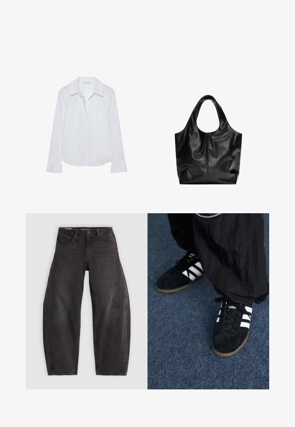 Chemise blanche à manches longues avec un col classique, une fermeture boutonnée sur le devant et des poignets légèrement évasés, confectionnée dans un tissu lisse avec un léger éclat.; Jean en denim noir avec une coupe décontractée, comportant cinq poches, une fermeture à bouton et un léger dégradé. Le tissu a une texture lisse et résistante.; Des chaussures de sport en suède noir avec trois rayures blanches et des lacets noirs. Un pantalon noir texturé est partiellement visible à côté des chaussures.; Sac fourre-tout en cuir noir avec une texture lisse, un haut arrondi doux et de larges poignées. Présente une couture minimale et une silhouette décontractée.