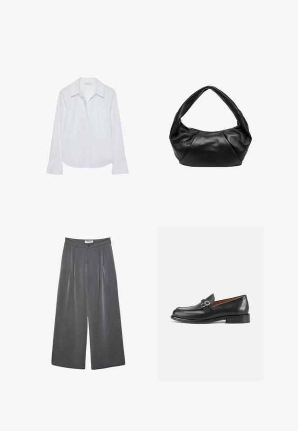Chemise blanche à manches longues avec un col classique, une fermeture boutonnée sur le devant et des poignets légèrement évasés, confectionnée dans un tissu lisse avec un léger éclat.; Pantalon gris à jambes larges avec plis, confectionné dans un tissu doux. Dispose d'une fermeture à boutons et d'une taille cintrée.; Mocassins en cuir noir avec un design cousu, comportant un double accent boucle et un talon légèrement surélevé pour plus de hauteur.; Sac en cuir noir avec une forme courbée unique et une large poignée douce. Doté d'une fermeture éclair et d'une texture lisse avec des plis subtils.
