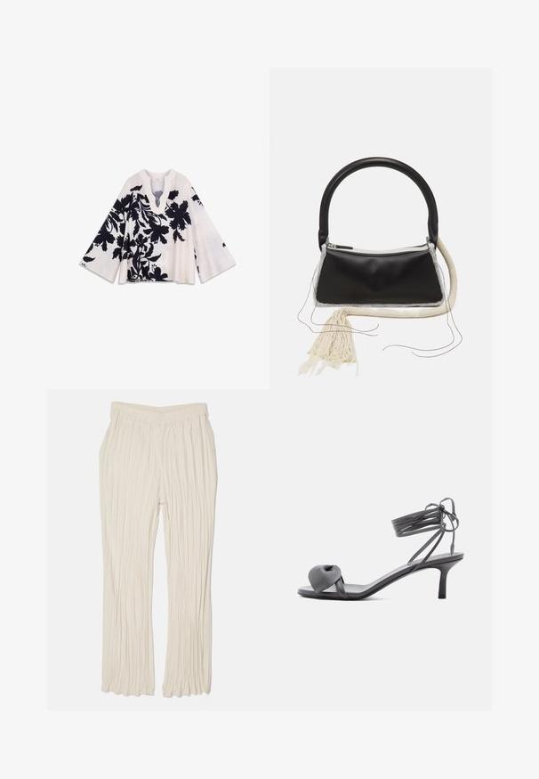 Haut à imprimé floral crème avec motifs noirs, doté d'un col en V profond et de larges manches évasées. Texture douce avec une coupe ample.; Pantalons légers plissés en blanc cassé, dotés d'une taille élastique et d'une coupe droite. Texture lisse avec des lignes verticales.; Sandale à talon en cuir gris avec une bride nouée sur les orteils et des lacets enroulants autour de la cheville, sur un talon moyen et fin, sur fond blanc.; Sac en cuir noir avec une poignée arrondie, fermeture éclair en argent, bordure en fourrure blanche et un long gland crème attaché à l'avant.
