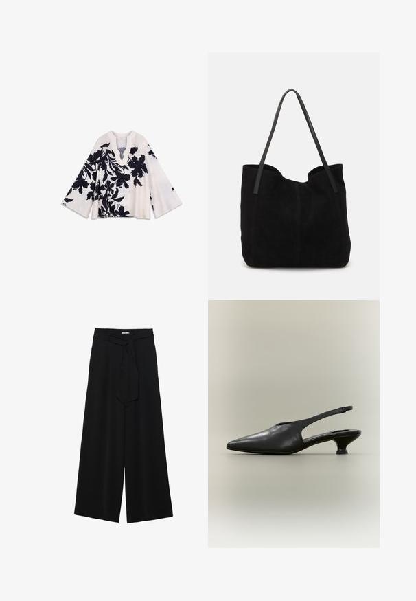 Haut à imprimé floral crème avec motifs noirs, doté d'un col en V profond et de larges manches évasées. Texture douce avec une coupe ample.; Pantalons larges noirs en tissu texturé, avec une taille élastique et une ceinture à nouer amovible à la taille pour un ajustement variable.; Chaussure à bride arrière en cuir noir avec bout pointu et petit talon bas sur fond neutre.; Sac fourre-tout en suède noir avec deux longues anses en cuir plates. Présente un bord supérieur incurvé et des coutures visibles sur le devant. Pas d'accents en métal.