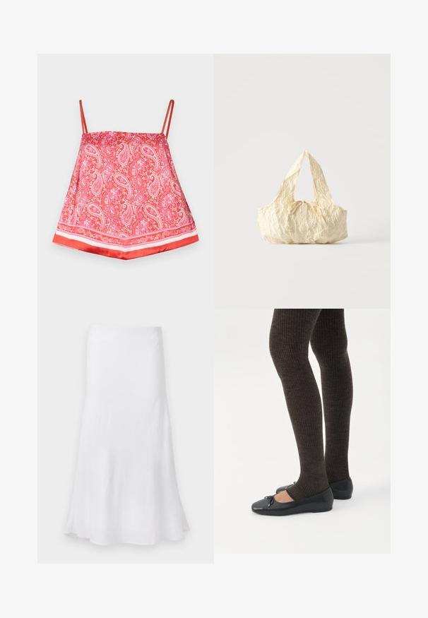 Camisole en satin rouge avec un motif paisley, dotée de fines bretelles et d'un ourlet rouge unifié, texture lisse et accents décoratifs.; Jupe blanche avec une coupe en A fluide, fabriquée dans un tissu léger. Texture lisse, longueur genou, arborant un design simple sans motifs.; Jambes portant des leggings côtelés foncés associés à des ballerines noires avec de petits détails en nœud sur fond blanc.; Sac à main en tissu texturé couleur crème avec des anses sur le dessus et un petit nœud noué au centre devant.