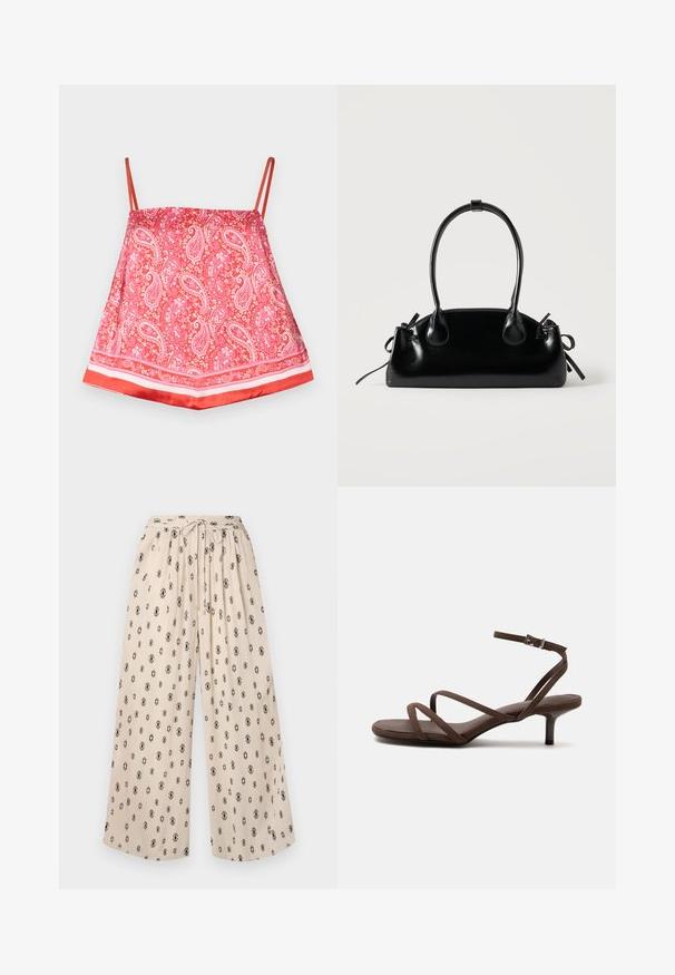 Camisole en satin rouge avec un motif paisley, dotée de fines bretelles et d'un ourlet rouge unifié, texture lisse et accents décoratifs.; Pantalons larges beige avec une taille à nouer, ornés d'un motif de losanges noirs. Fabriqués dans un tissu léger pour plus de confort.; Sandale marron à talons hauts avec fines lanières croisées et bride de cheville avec boucle argentée sur fond blanc.; Petit sac à main noir brillant avec deux longues anses et des détails à cordon sur les côtés sur un fond clair uni.