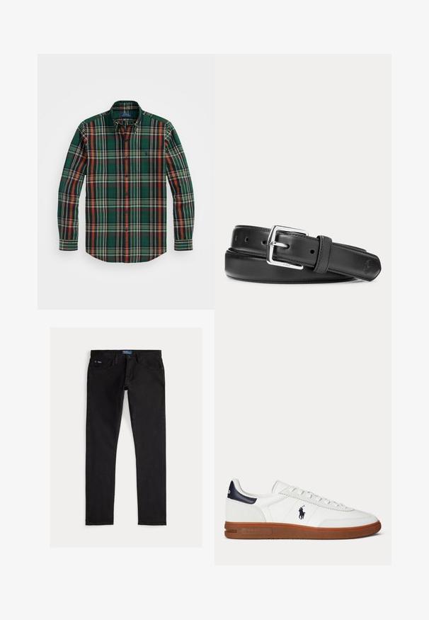 Camisa de cuadros verde con rayas naranjas, marinas y blancas. Presenta un cuello clásico y mangas largas, fabricada en suave tela de algodón.; Vaqueros negros de mezclilla con un ajuste slim, que cuentan con cinco bolsillos, trabillas para cinturón y una etiqueta azul de la marca en la cintura. Tejido liso y duradero.; Zapatilla blanca de corte bajo con suela marrón, parche negro en el talón, logo bordado de un jugador de polo y cordones blancos.; Cinturón de cuero negro con hebilla rectangular plateada, enrollado sobre un fondo blanco, con un sutil logo en relieve en la punta.