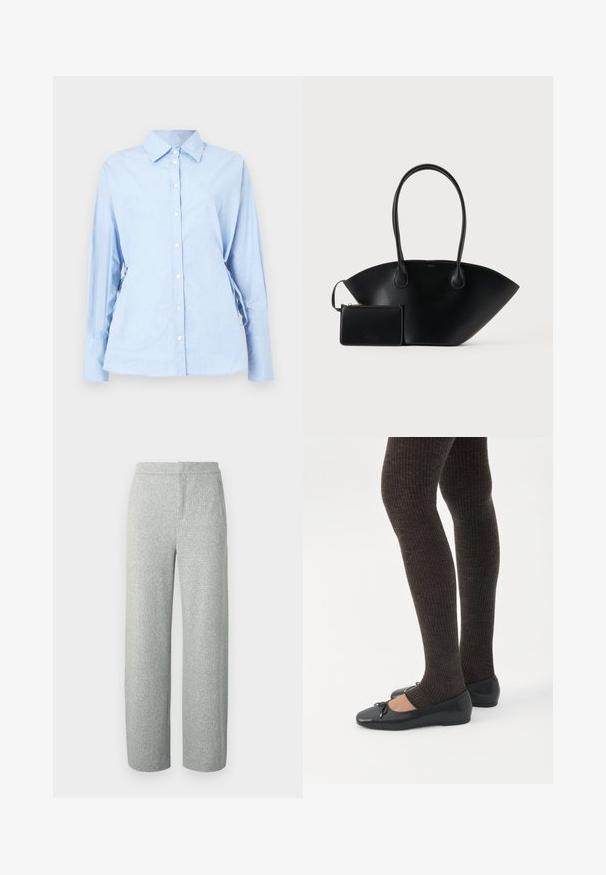 Chemise bleu clair à manches longues en tissu doux. Elle comporte une patte de boutonnage, un col, et des liens ajustables sur les côtés pour un meilleur ajustement.; Pantalon tissé gris clair avec une texture chinée subtile, présentant une coupe large et une ceinture plate, sans éléments métalliques visibles ni poches.; Jambes portant des leggings côtelés foncés associés à des ballerines noires avec de petits détails en nœud sur fond blanc.; Sac à main en cuir noir avec de longues anses et une petite pochette assortie zippée sur un fond uni.