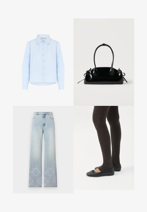 Lyseblå skjorte med krave lavet af glat bomuld. Har en frontknaplukning og lange ærmer med rund kant.; Lyseblå jeans med brede ben, knaplukning og hvid blomsterbroderi nederst på begge ben.; Ben iført mørke ribbede leggings kombineret med sorte balletsko med små sløjfedetaljer på hvid baggrund.; Lille sort blank håndtaske med to lange håndtag og snøre-detaljer i siden på en ensfarvet lys baggrund.