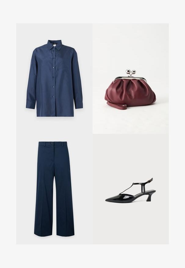 Chemise bleu marine à manches longues avec boutons, col et poche poitrine, présentée sur un fond clair uni.; Pantalon large bleu marine avec fermeture bouton et zip, passants de ceinture et plis sur l'avant, sur un fond uni.; Chaussure slingback en cuir verni noir à bout pointu avec bride en T et petit talon bloc incliné sur fond blanc.; Petit sac pochette en cuir bordeaux avec fermoir métallique argenté et bracelet sur fond blanc.