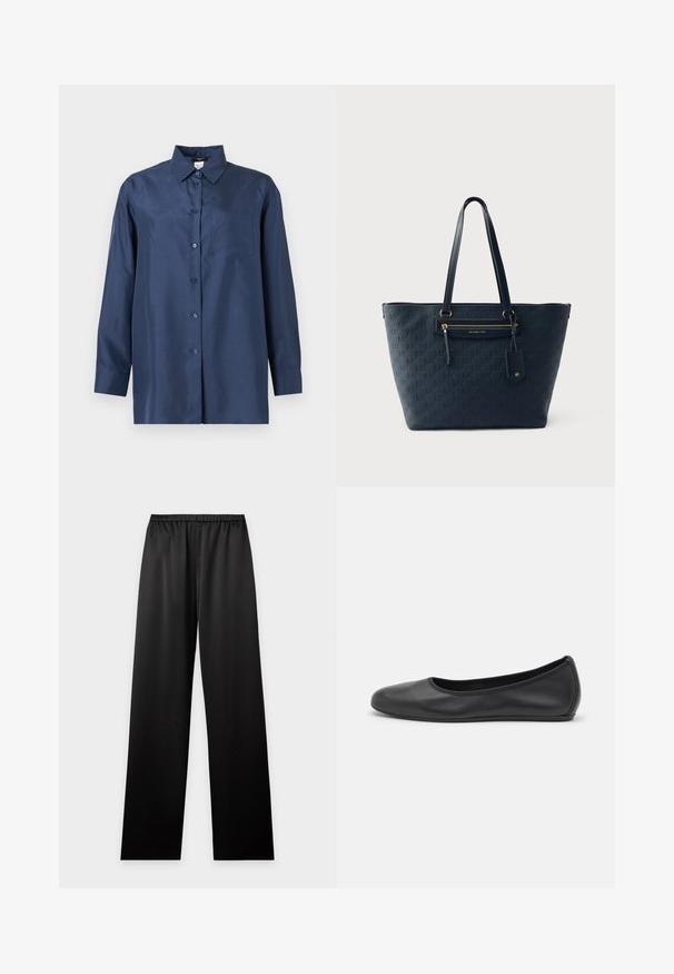 Chemise bleu marine à manches longues avec boutons, col et poche poitrine, présentée sur un fond clair uni.; Pantalon noir ample avec ceinture élastique, coupe droite et tissu lisse, présenté sur un fond clair uni.; Ballerines en cuir noir avec un bout rond, texture lisse, détails de couture minimalistes et design de semelle flexible.; Sac cabas bleu marine Michael Kors avec motif de logo embossé, poche zippée à l'avant, longues anses et étiquette en cuir attachée.