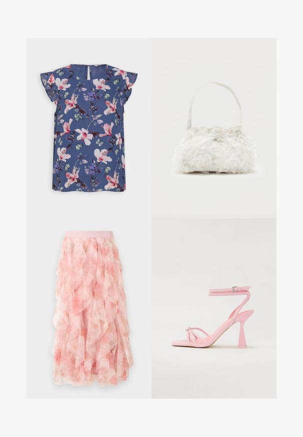 Blauwe bloemenblouse met korte gerimpelde mouwen, versierd met roze en witte bloemen, groene bladeren en kleine vlinders op een lichtgewicht stof.; Roze midi rok van gelaagde tule met bloemenpatroon en elastische tailleband, voorzien van zachte gerimpelde texturen.; Roze hoge sandalen met een gestructureerd ontwerp en enkelgesp. Bevat een decoratief element bij de teen en een modern, taps toelopend hakontwerp.; Kleine witte handtas met stoffen rozen die het geheel bedekken en een dunne, enkele band als handvat, op een effen achtergrond.
